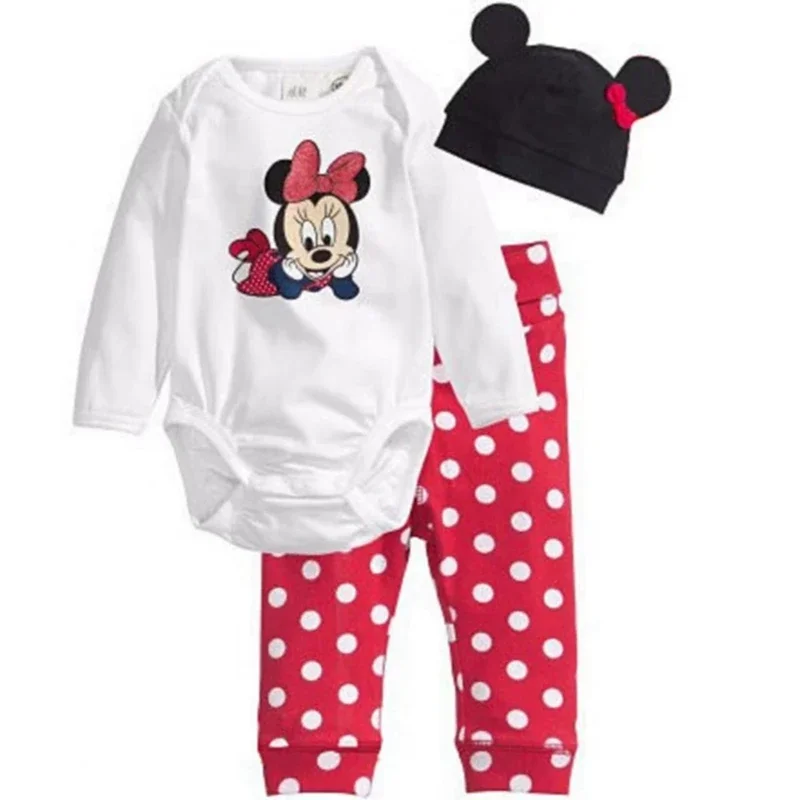 Spring Autumn Newborn Baby Romper+Pants+Hat 3Pcs Set Baby Boy Girl Clothes Suit Mickey Minnie Infant Jumpsuit One Piece Bodysuit