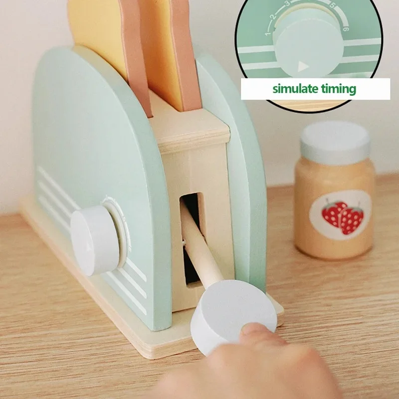 Wooden Simulation Toaster Toy Kids Pretend Kitchen Breakfast Play Set Toddler Boys Girls Gift view 5