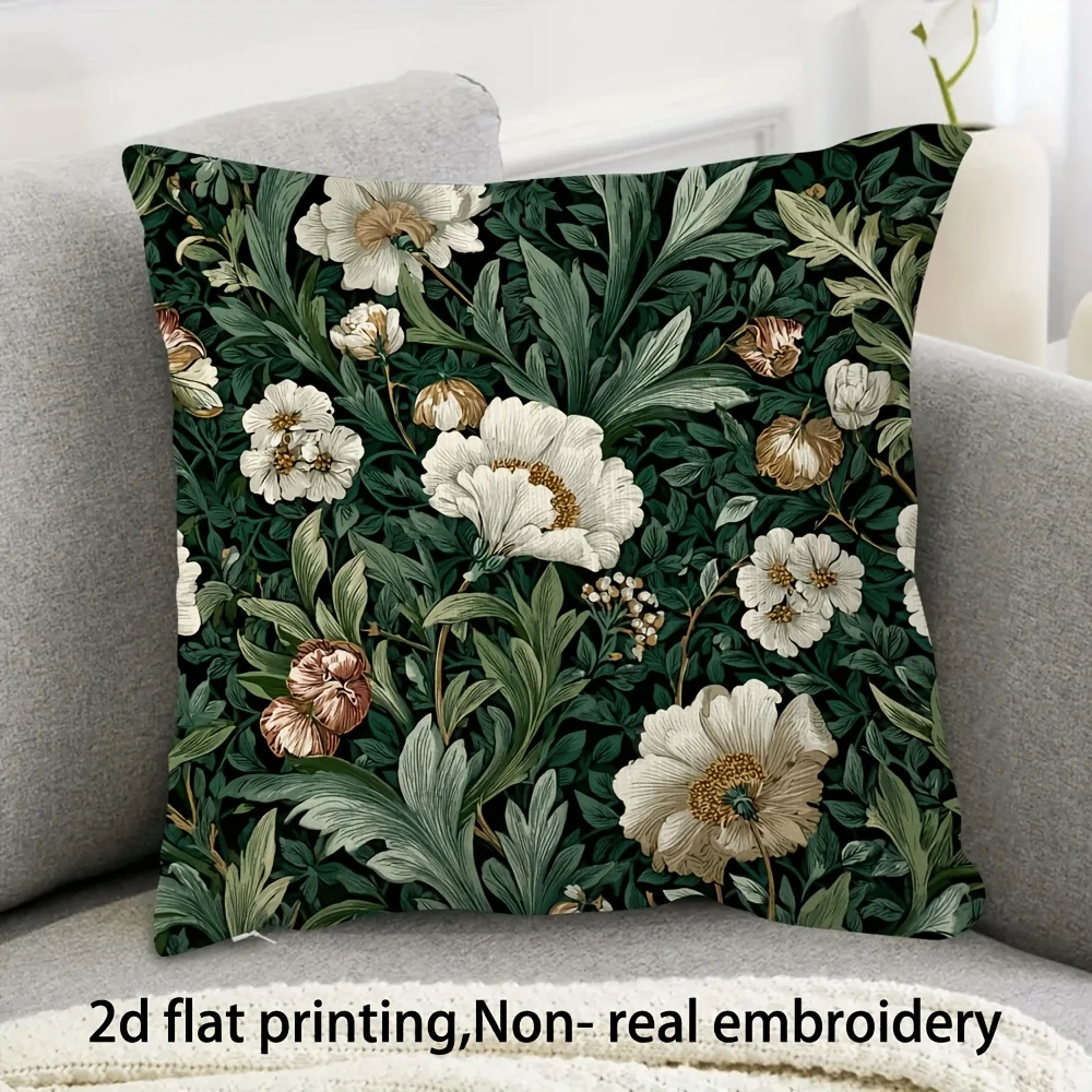 Elegant Floral Pillow Cover, Dark Green and White Botanical Design Cushion Case for Living Room Bedroom Home Decor Gift