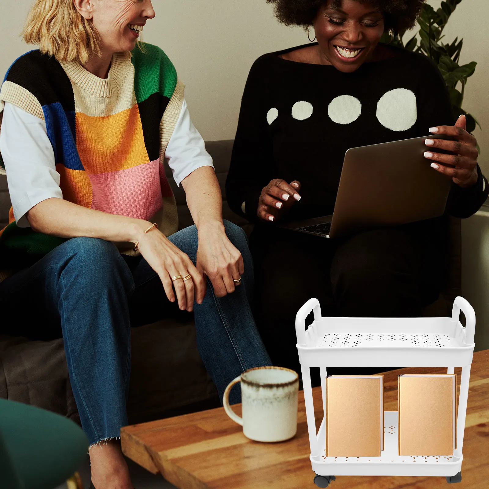 

2 Tier Rolling Cart Heavy Duty 50Kg Load Capacity Pp Material Storage Trolley With Wheels For Kitchen Bathroom Office Dorm