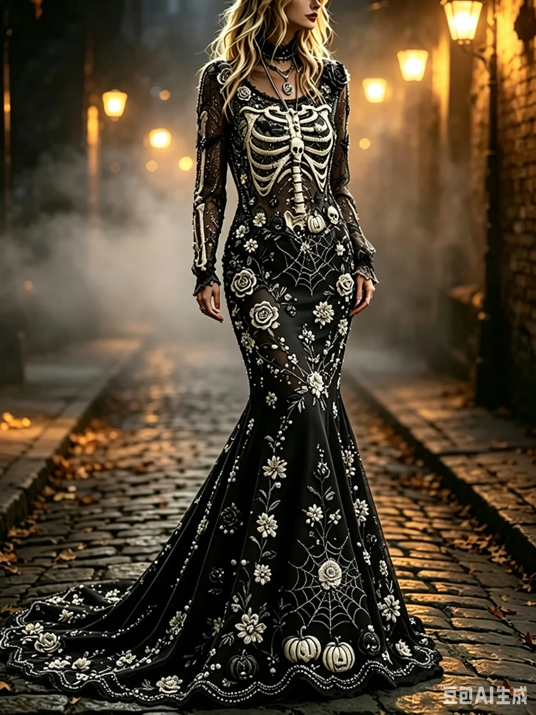 2026 New Women Skeleton Floral Mermaid Maxi Dress Elegant Celebrity Long Sleeve Gothic Halloween Evening Party Gown view 5
