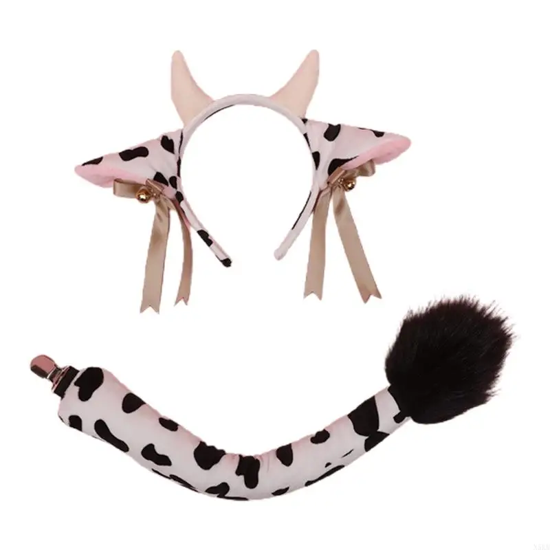 N5KB Plush Hair Hoop Cow Ears Headwear Tail Set Furry Costume Set Fancy Dress Up Halloween Cosplay Party Accessories