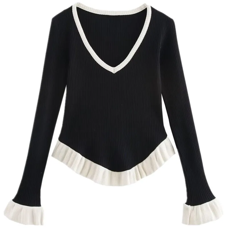 

Spring 2025 Women's Knitted Long Sve V-Ne Layered Decorative Stripe Vest Top Faion Commute Sle Regular Length
