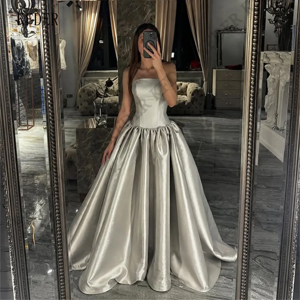 

Dark Sliver Strapless Sleeveless Formal Prom Gowns A Line Long Satin Evening Dress Long Formal Party Dresses Customized