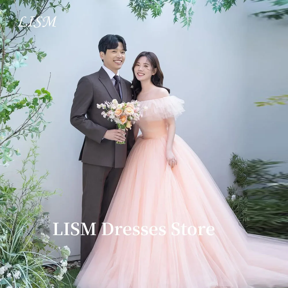 

LISM Elegant Korea A-Line Wedding Dresses Photo Shoot Off The Shoulder Tulle Floor Length Evening Dress Corset 웨딩드레스 Customized