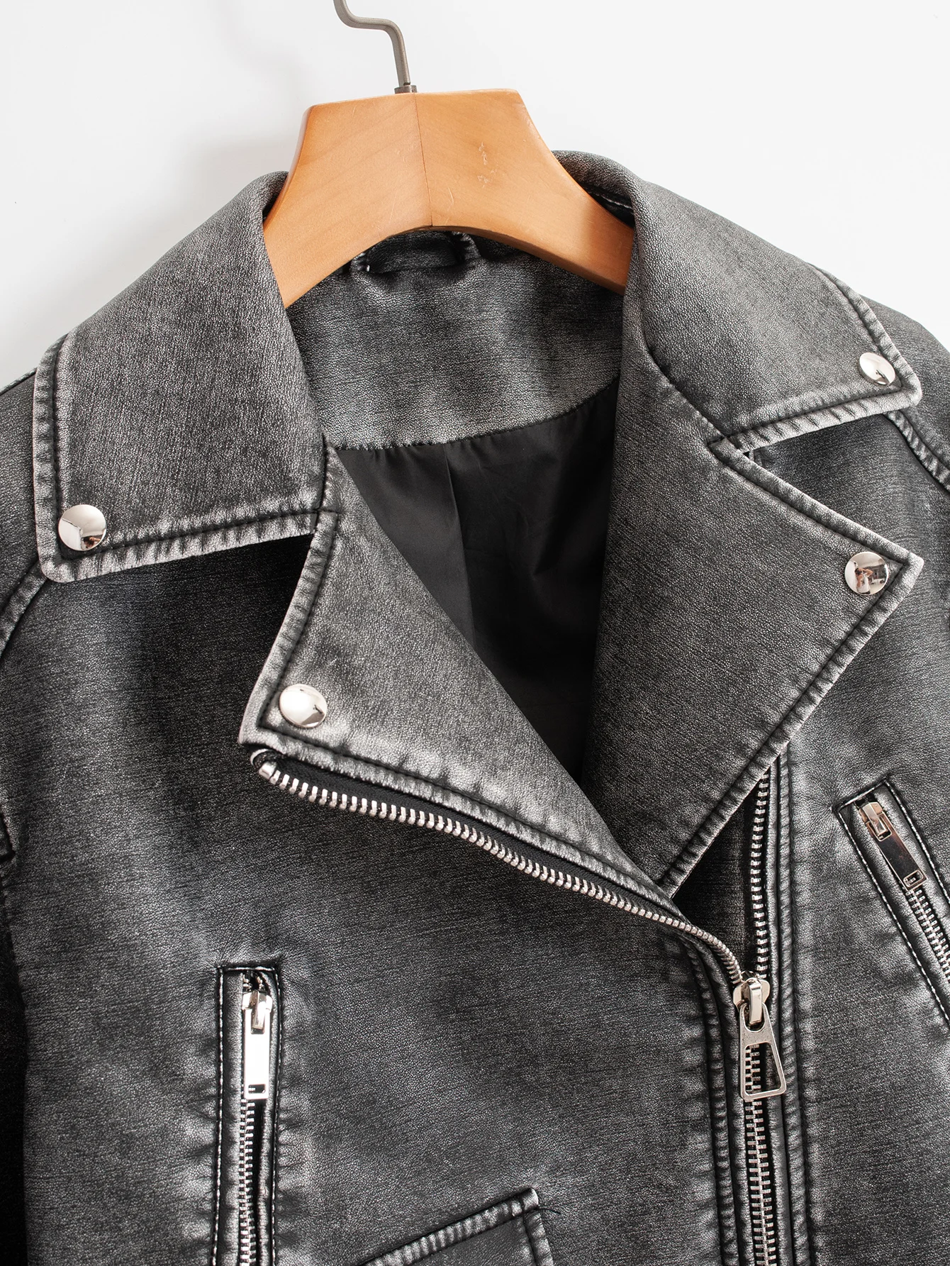 سترة قصيرة بسحاب للنساء من جلد البولي يوريثان الصناعي سترة عالية الشارع للدراجات النارية ملابس خارجية عتيقة