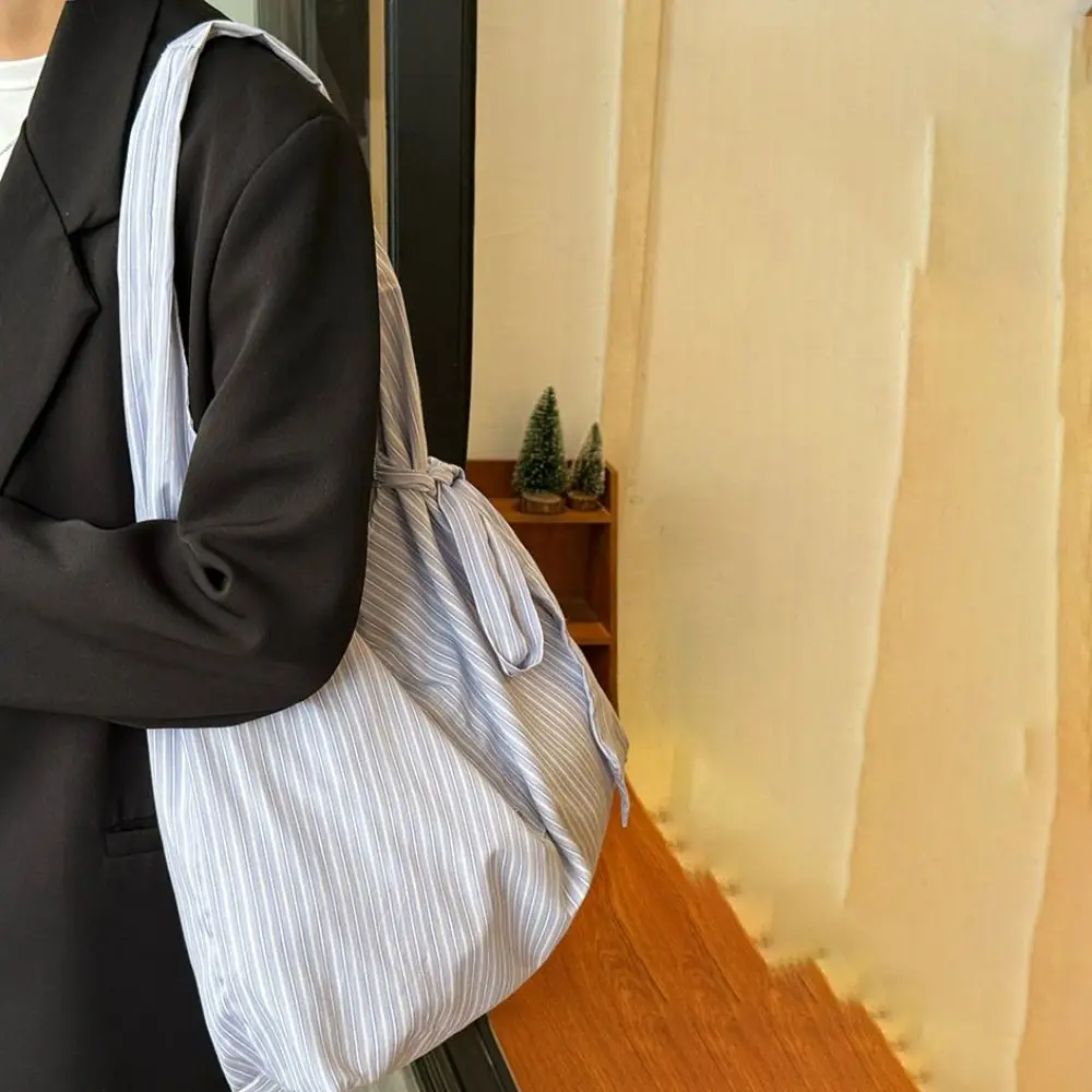 

Bow Striped Canvas Tote Bag Blue Korean Style Canvas Hobo Bag Literary Style Fresh Color Large Capacity Underarm Bag Outdoor