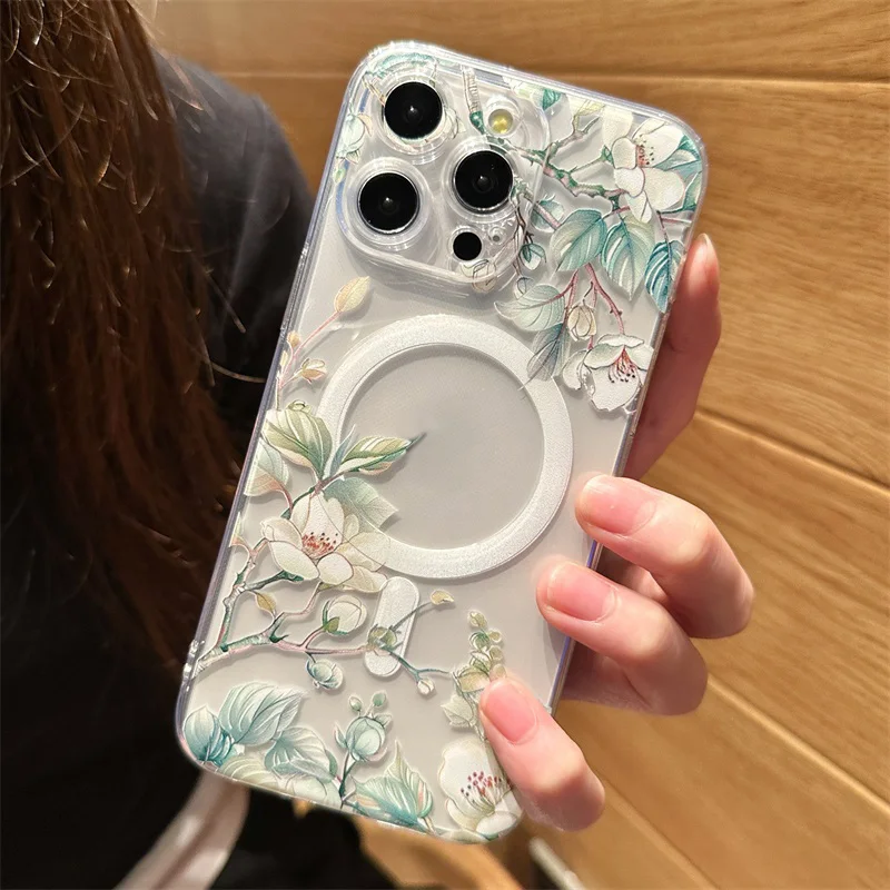 Transparent With Magsafe Magnetic Flower Branch Case For iPhone 17 16 13 12 14 15 11 Pro Max Plus Wireless Charge Cover Funda