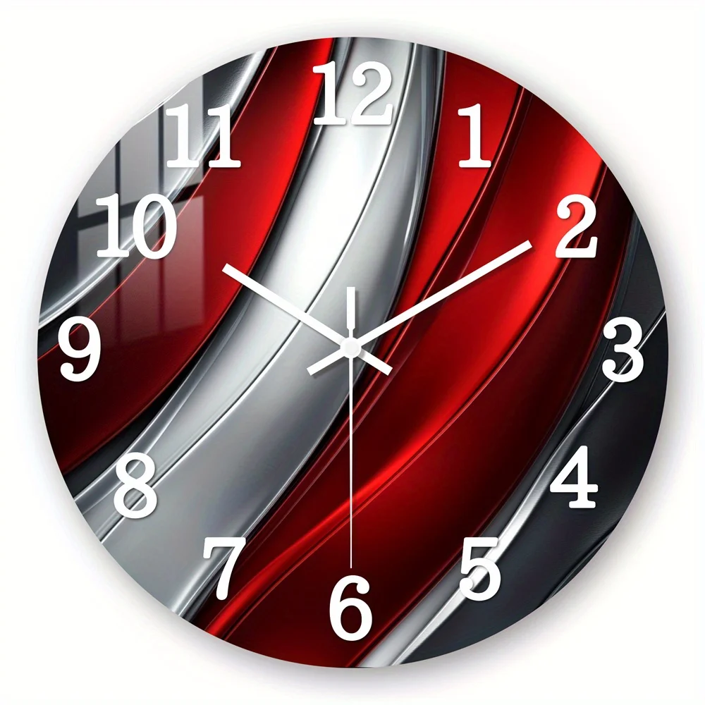1pc Wooden Wall Clock, Fantasy Theme - Red and Silvery Wavy Lines Pattern Tempered Film Veneer Silent Clock, Suitable for Living Room, Office Decoration, Modern Gift for Business Partners on Important Occasions, AA Batteries Not Included