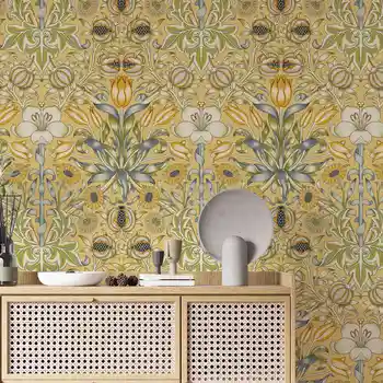 لفة ورق حائط نباتي عتيق غير منسوج ، ورق حائط لاصق وقشر زنبق ورمان ، جدارية صفراء اللون