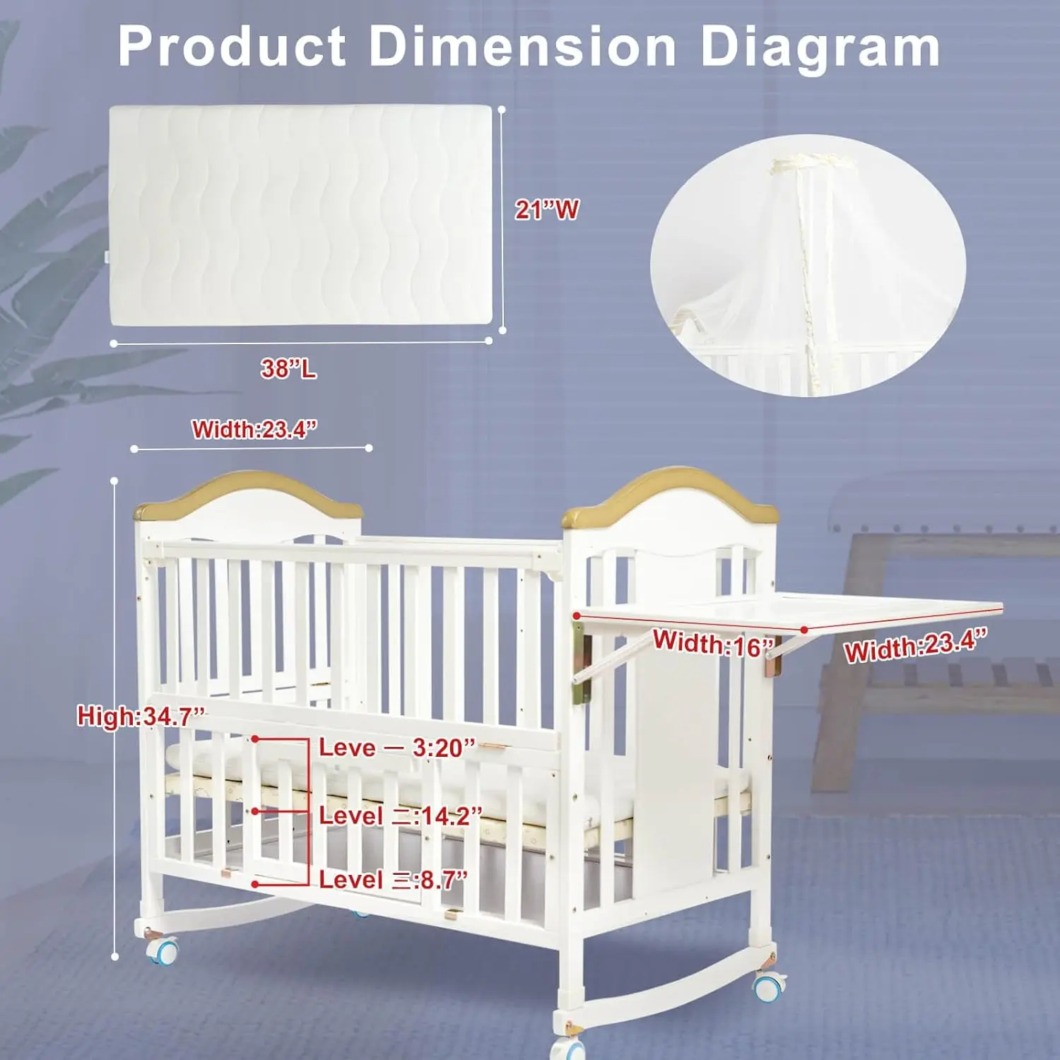 Portable Mini Baby Crib - Cunas para Bebes 4 en 1 Modernas with Foldable Storage Shelf and Mattress Included, bed for girls