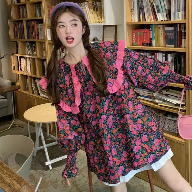 Korejepo Fresh Floral Doll Shirt Women Spring Korean Version Loose Versatile Sweet Age Reducing Printed Doll Collar Shirt Top