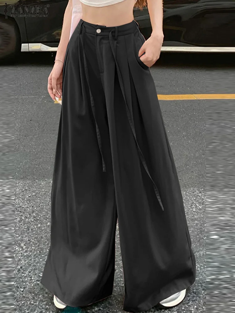 

ZANZEA Korean Streetwear Wide Leg Pantalons Women Solid Color Long Pants Fashion Pleating Trouser Casual Loose 2025 Summer Pants