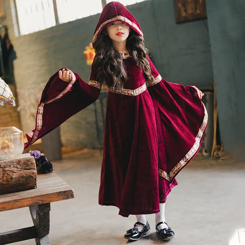 

Halloween Children's Costumes Retro Court Witch Little Red Riding Hood Long-sleeved Medieval Renaissance Dress