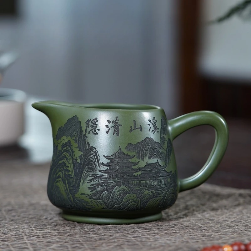 Handmade Yixing Zisha Teapot, Raw Ore Green Clay, Engraved with Serene Mountain Stream Scenery, Crafted by Shi, Large Capacity
