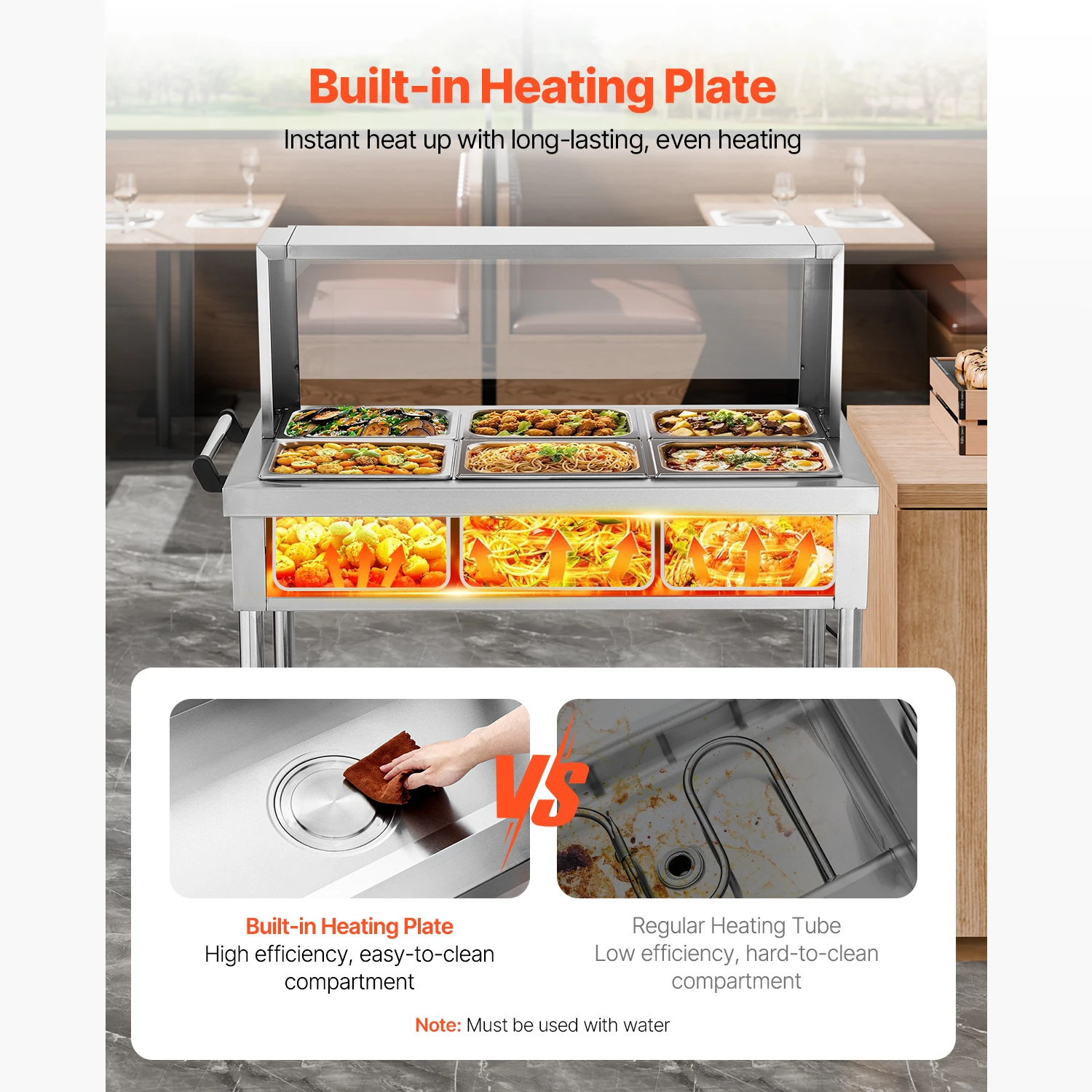 6-Pan Commercial Food Warmer, 6 x 1/2 Pans Electric Steam Table, 1500W Professional Buffet Catering Food Warmer with Shield Undershelf Wheels, Stainless Steel Server for Party Restaurant