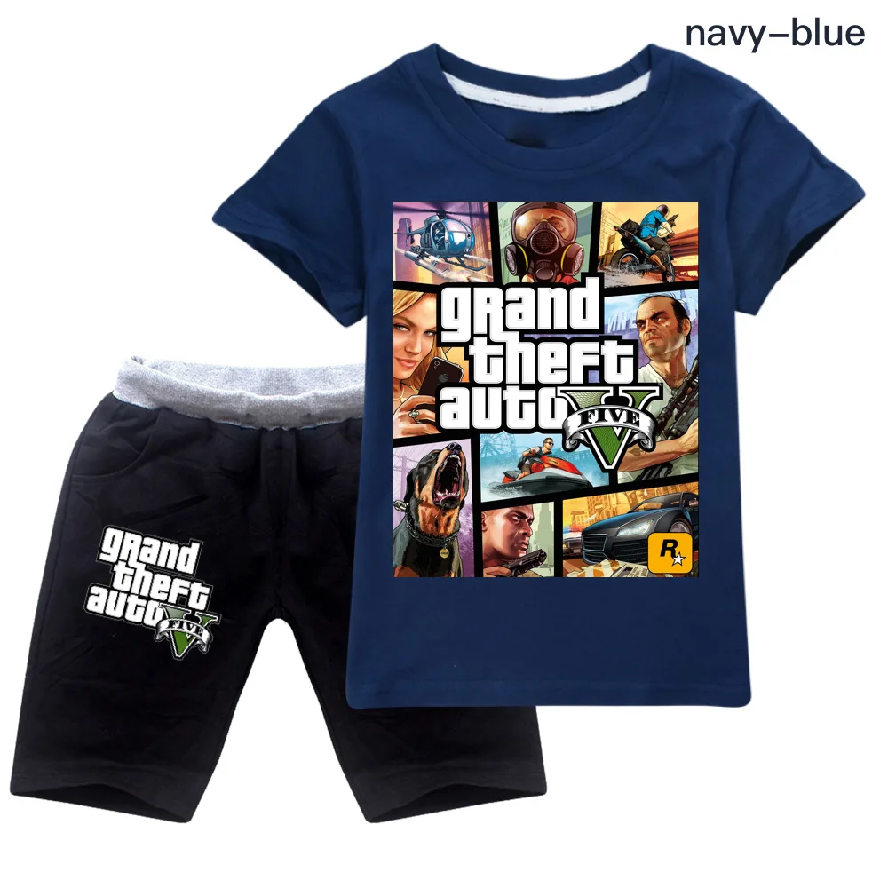 Boys Clothes Grand Theft Auto Game GTA 5 T Shirt+Shorts Set Kids Cartoon Girls Outfit Sport Suit Summer Children Clothing Sets