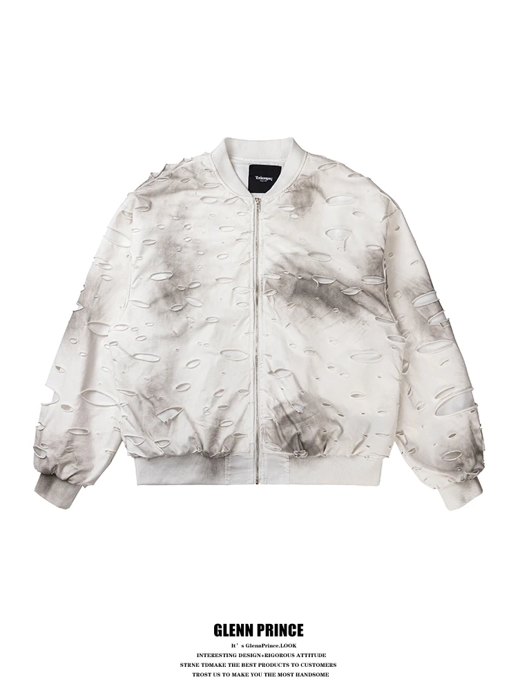 

Модная мужская бейсбольная куртка-бомбер с эффектом потертости и дырками, дизайнерская, в стиле рабочей одежды, свободного кроя, винтажная, из хлопка