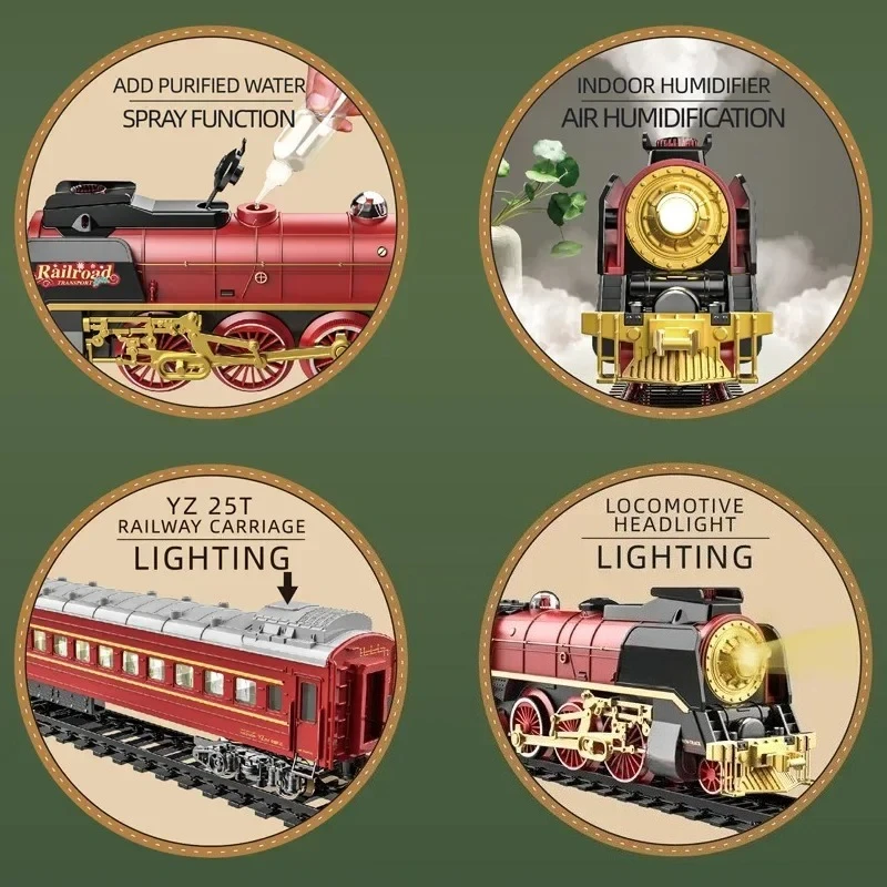 Customizable retro steam train toy electric rail car remote control model light plus water smoke Christmas series