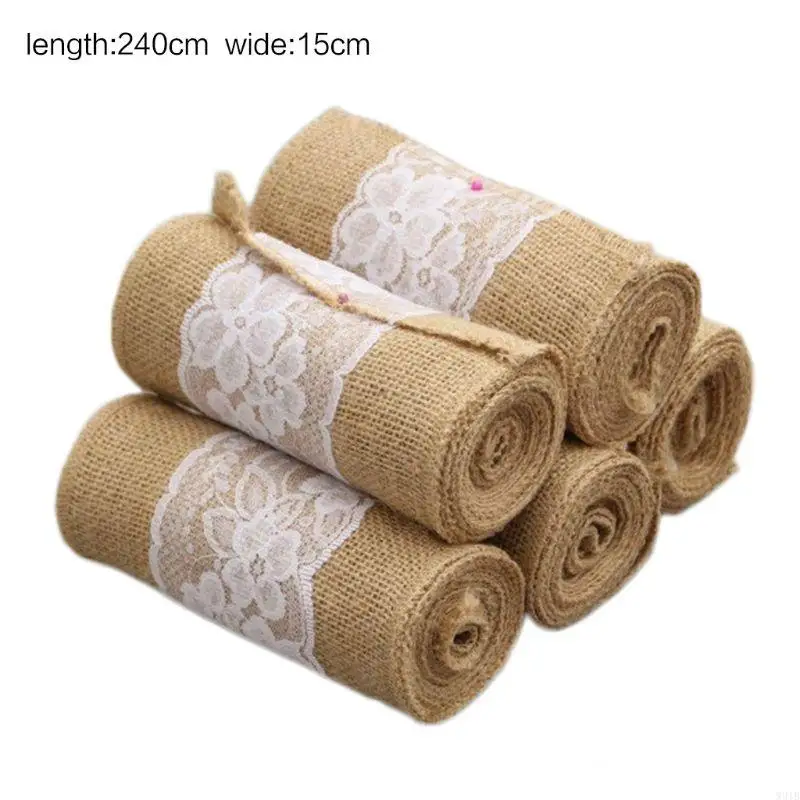 W91B Natural Burlap Craft Ribbon Roll Exquisite Hessian Ribbon with White Lace Trims