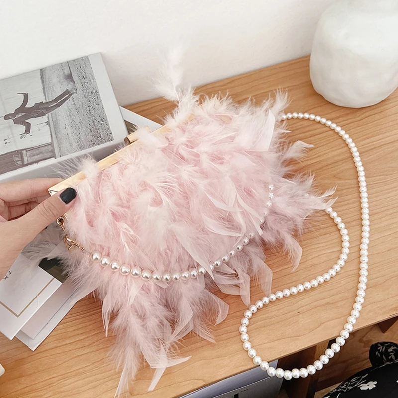 

Womens Dinner Evening Handbag Feather Clutch Bag Banquet Purse Pearl Chain Bag Wedding Prom Crossbody Bag