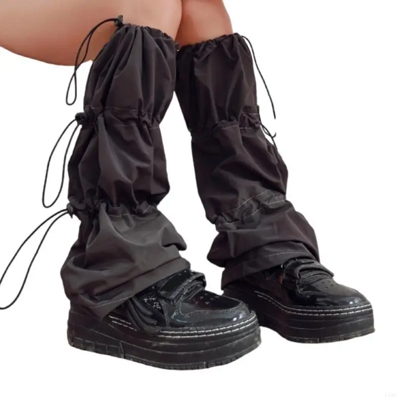 L5YC Harajuku Cargo Leg Covers with Adjustable Drawstring Motorcycle Punk Baggy Footless Socks Stacked Leg Warmers for Women