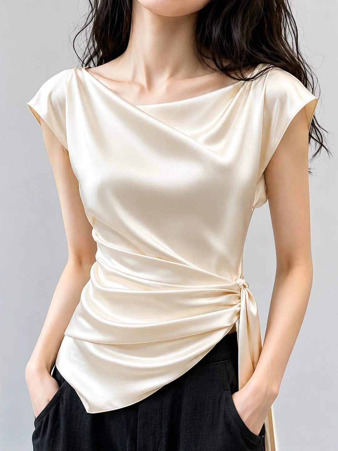 

Elegant Satin Short Sleeve Shirt Women's Comfortable Waist-Cinching Knot Top Fashionable Versatile Summer Korean Style Blouse