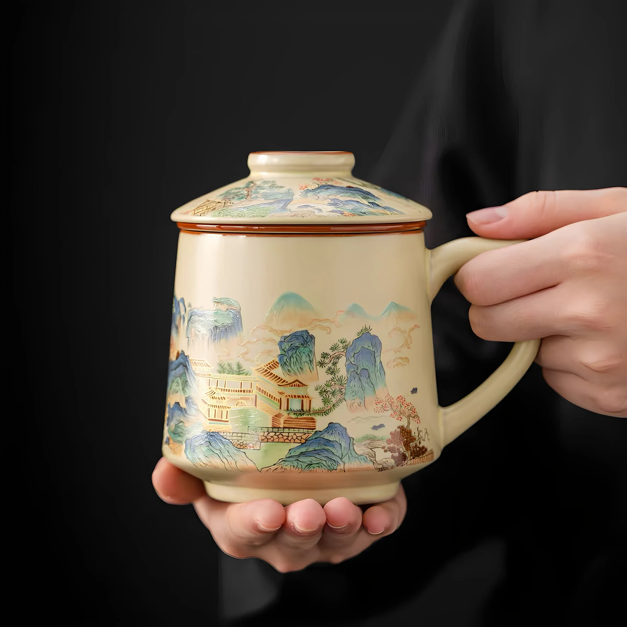 Chinese Style Tea Filtering and Separation Cups With Cover Ru Kiln Mountains Rivers Pattern Personal Mug Ceramic Office Cup, 1Pc