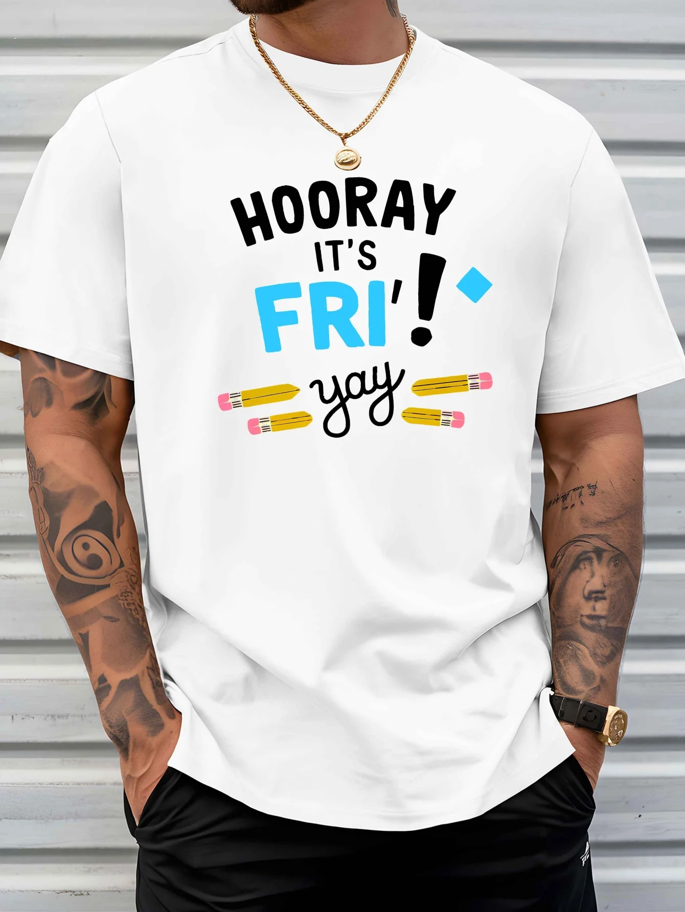 Hooray It S Fri Yay Mens Crew Neck T Shirt Pencil Decor Funny Friday Weekend Text Graphic Short Sleeve Casual Street Tops
