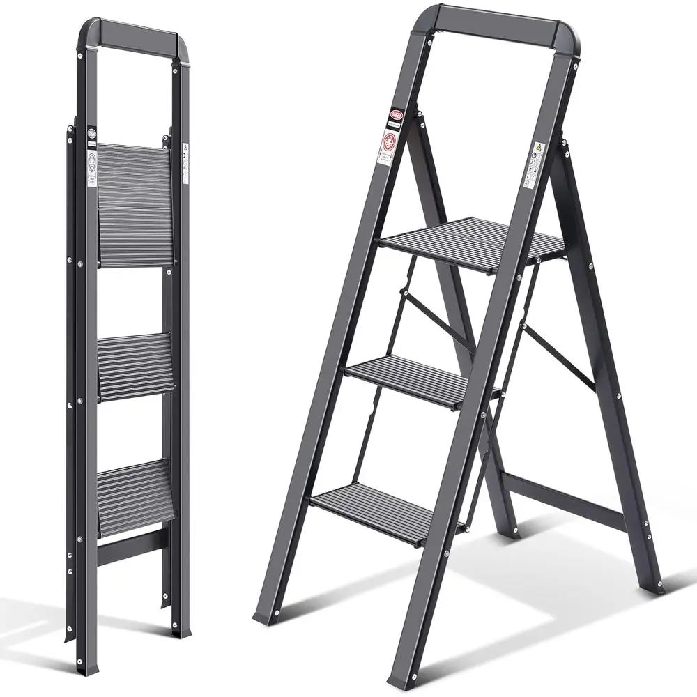 Escalera Ligera de Aluminio de 3 Peldaños con Peldaños Antideslizantes, Pasamanos, Capacidad de 330 Libras, Ideal para Cocina, Garaje, Hogar y Oficina