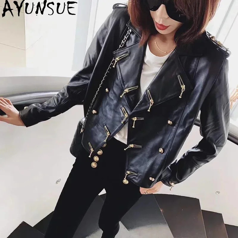 

Real AYUNSUE Leather Jacket Coat Women Zippers Genuine Sheepskin Motorcycle Fashion Luxury Brand Designer Ladies Tops