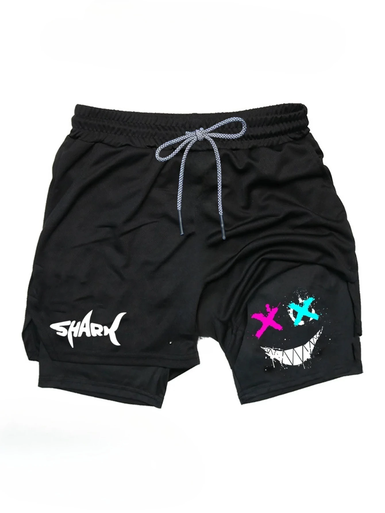 

men's shortsSummer Double-Layer Running Training Shorts Shark joyful Graphic Print Adjustable Drawstring Waist Sports Gym Shorts