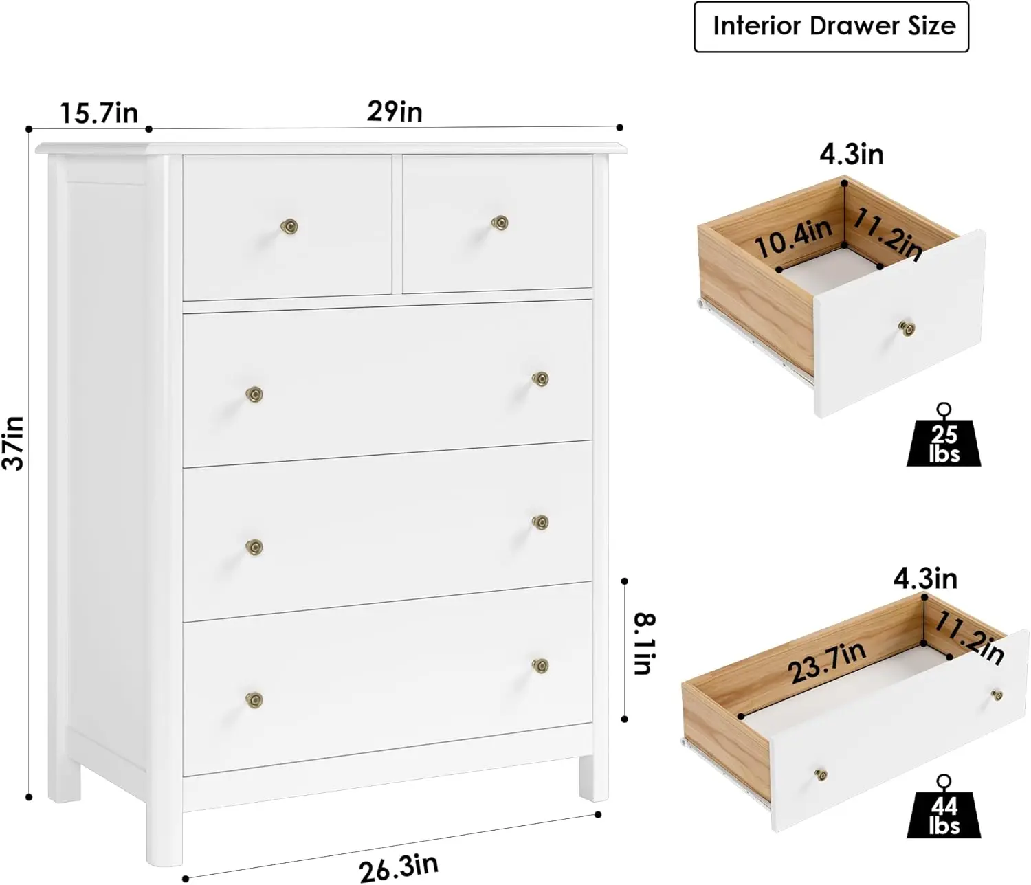 Comò bianco con 5 cassetti, cassettiera alta, cassettiera a 5 cassetti con spazio profondo, contenitore in legno