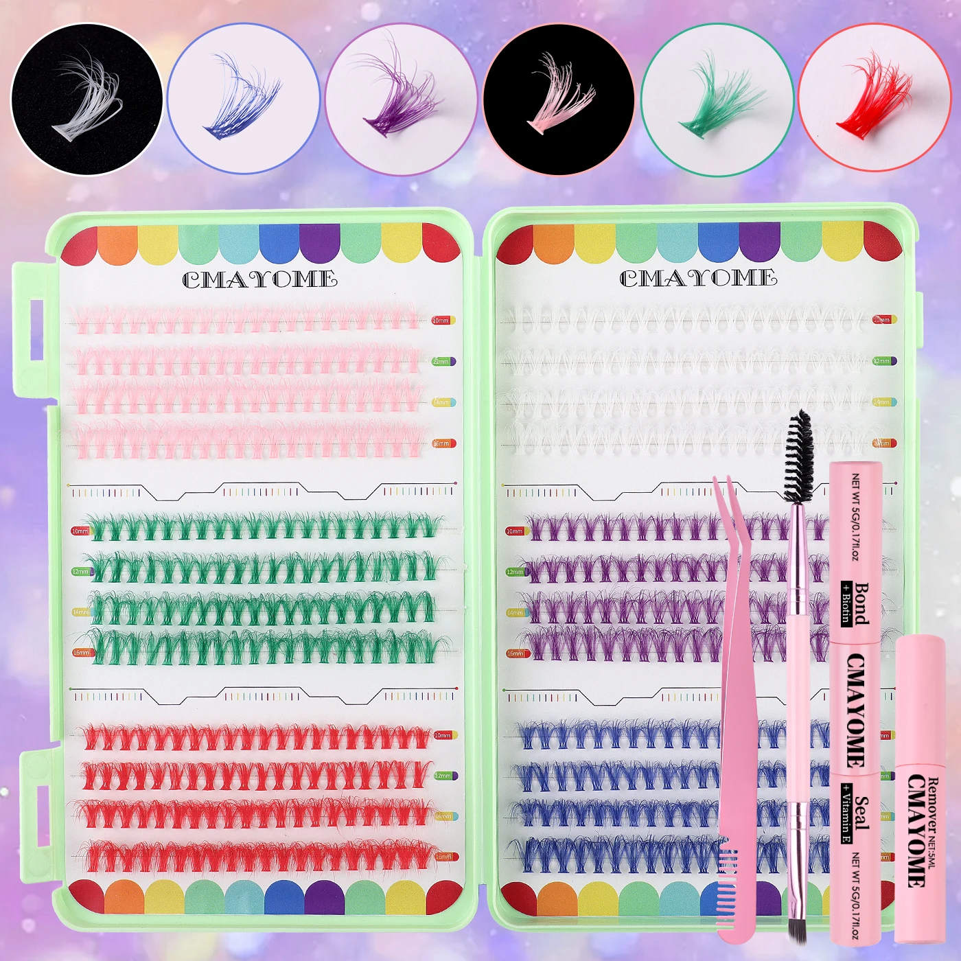 

Color Mixed Eyelashes Book Kit with Bond Seal Tweezers Comb DIY Natural Eyelashes Colored Curly Soft Wispy Lashes Set Makeup