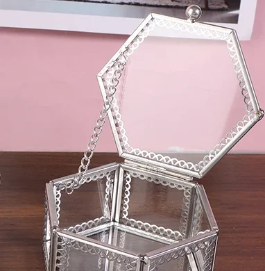 

Glass Hexagon Storage Box Perfect for Jewelry, Rings, Earrings, Beads or Coins, Keepsake Organizer and Display Case Container
