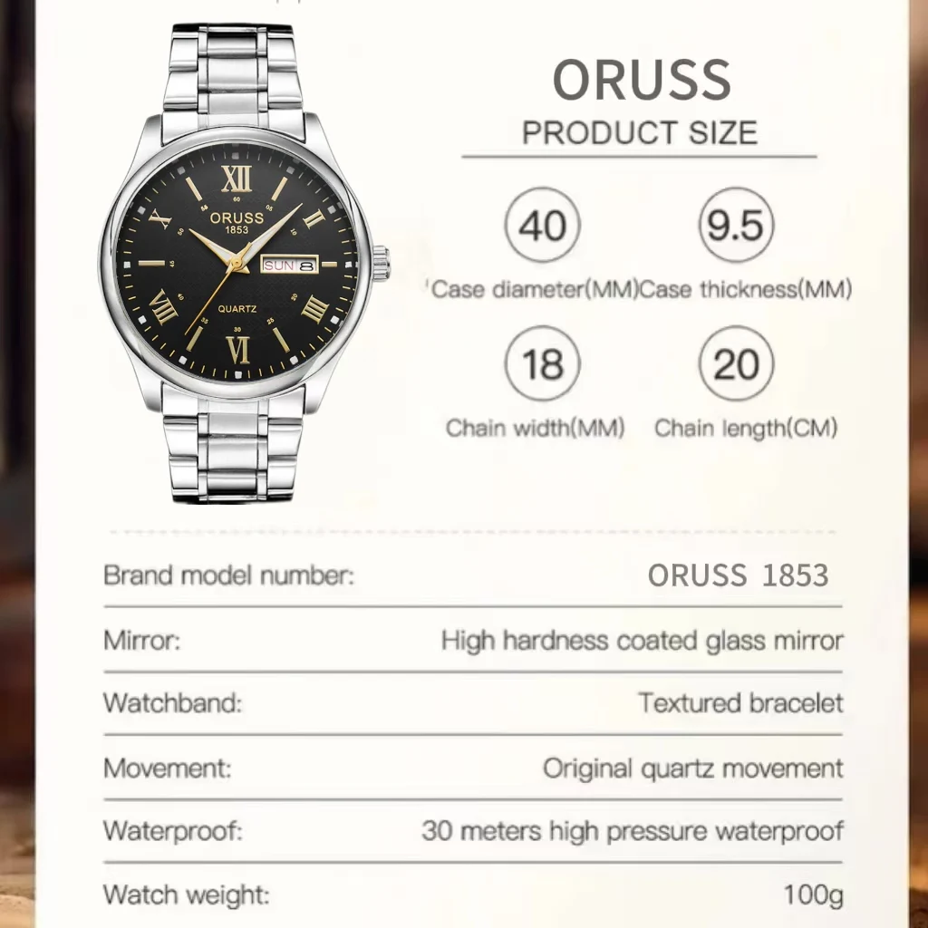 ORUSS Original High-end Luxury Stainless Steel Waterproof Quartz Men's Watch Luminous Watch for Man Watch Business  Wristwatches