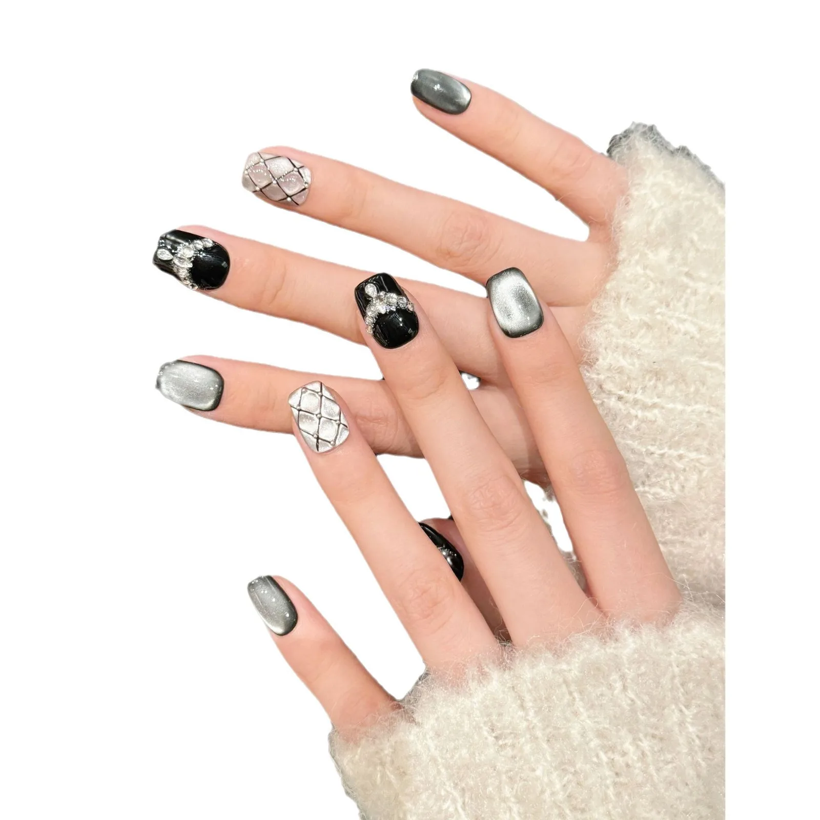 10 pièces Premium perle damier paillettes ciel étoilé noir oeil de chat presse courte sur les ongles à la main usage quotidien avec 4 pièces outils onglets