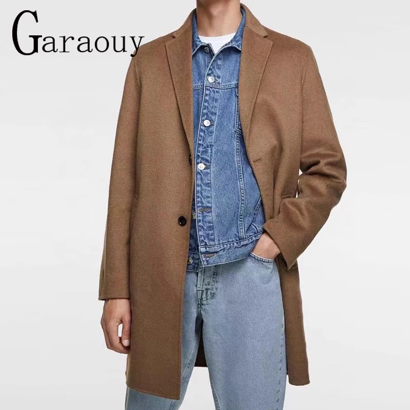 Garaouy 2023 Winter Men Vintage Solid Single Breasted Woolen Coat Male Casual Loose Simple Mid Length Overcoat Business Jacket