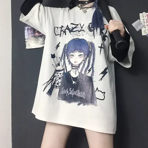 Camiseta gótica Harajuku para mujer, camiseta estética holgada Punk oscura Grunge, camisetas góticas para mujer, ropa de calle Y2k