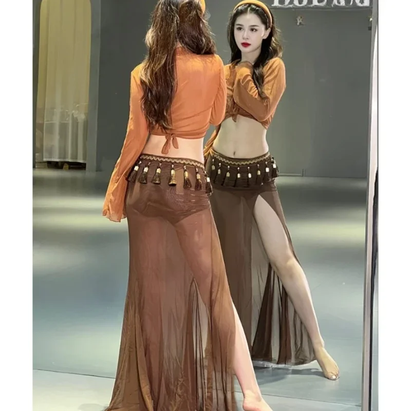 Belly Dancing Training Clothing for Women\'s Long Sleeved Mesh Top+Split Long Skirt Oriental Dance Professional Practice Clothes