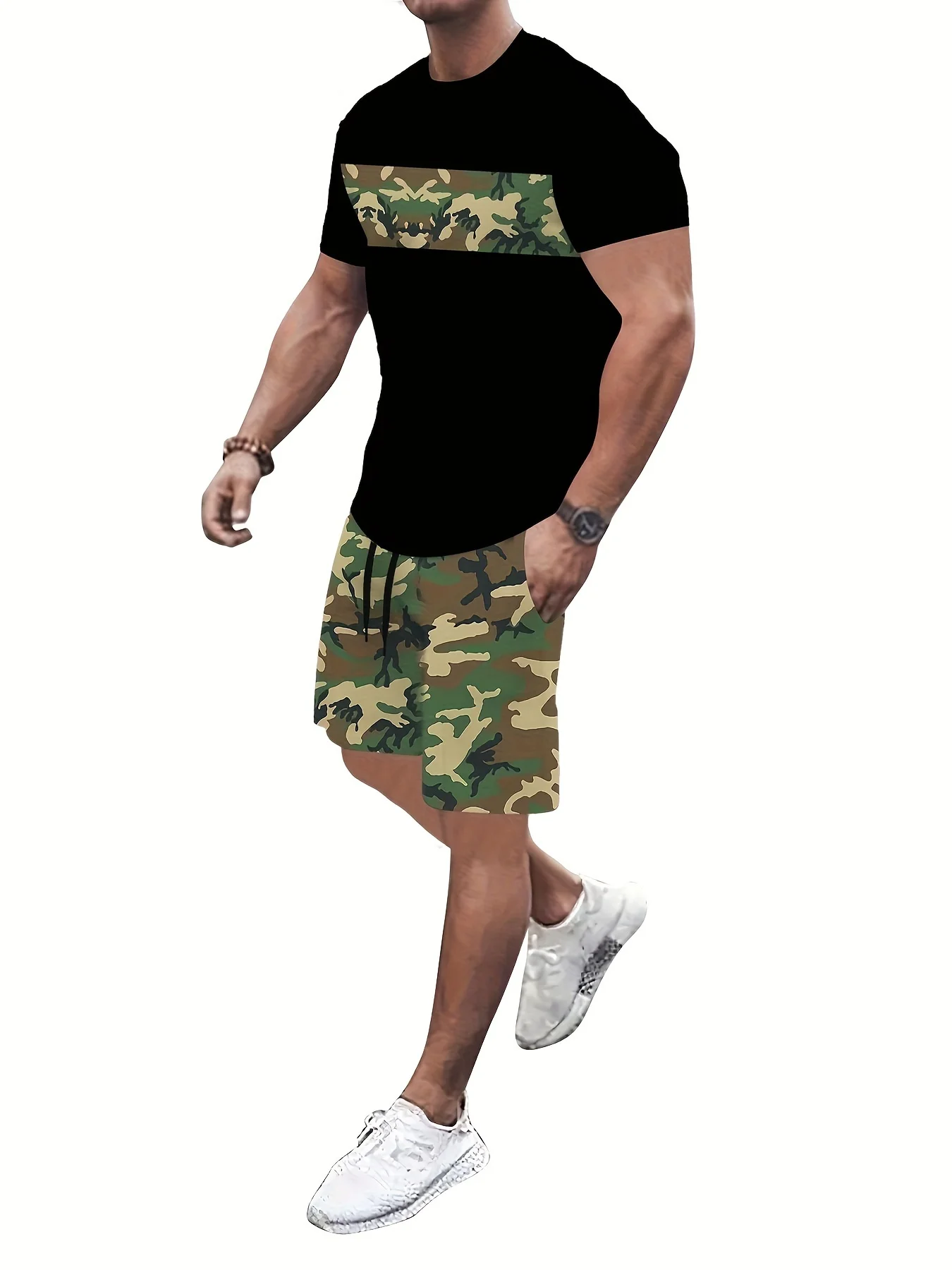 Conjunto de camiseta de camuflaje verde para hombre, pantalones cortos con estampado 3D, camiseta de manga corta, pantalones cortos de playa, conjunto de 2 piezas, chándal de gran tamaño