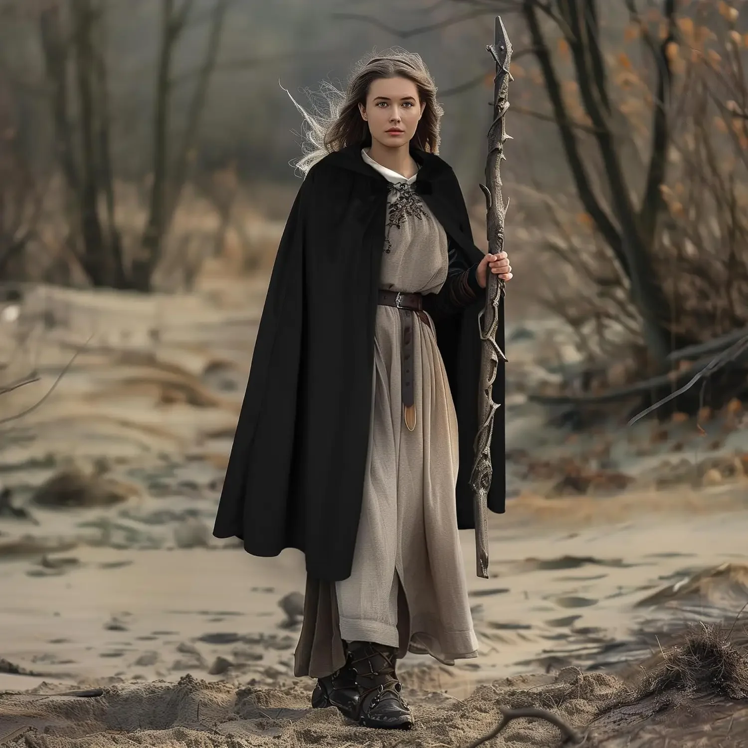 عباءة بغطاء للرأس من عصر النهضة للهالوين في العصور الوسطى، رأس قصير للرجال والنساء