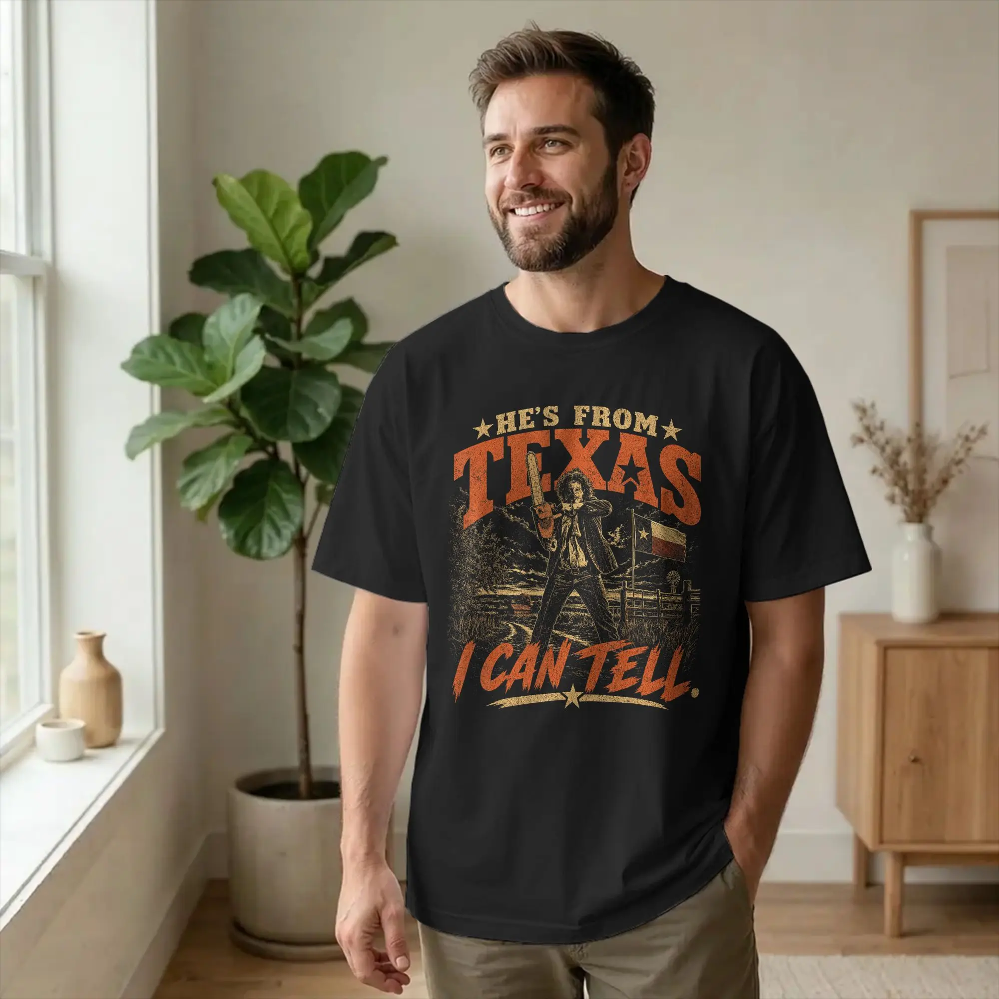 Hes from Texas I Can Tell Chainsaw Men T Shirts Horror Halloween Funny Tees Short Sleeve Crew Neck T-Shirt Cotton 6XL Tops