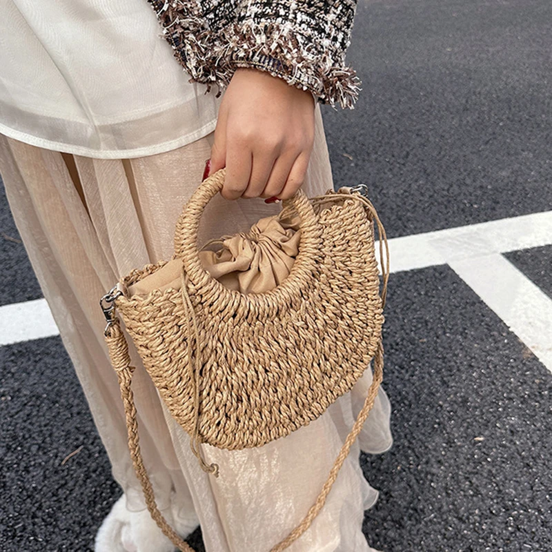 2026 NEUE Sommer Damen Handgefertigte Gewebte Stroh-Rattan Halbmond-Strandtasche Große Kapazität Hohle Crossbody Schultertasche – Detail 19