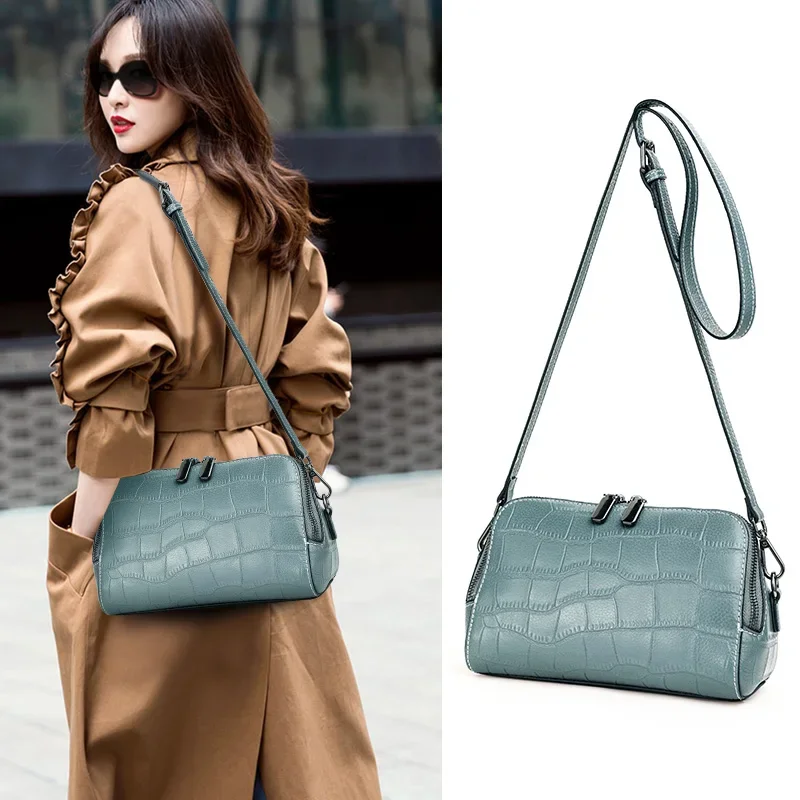 Aidrani Crocodile Embossed Top Layer Leather Women Crossbody Bag, Mini Barrel Purse with Multi-Pocket and Adjustable Strap