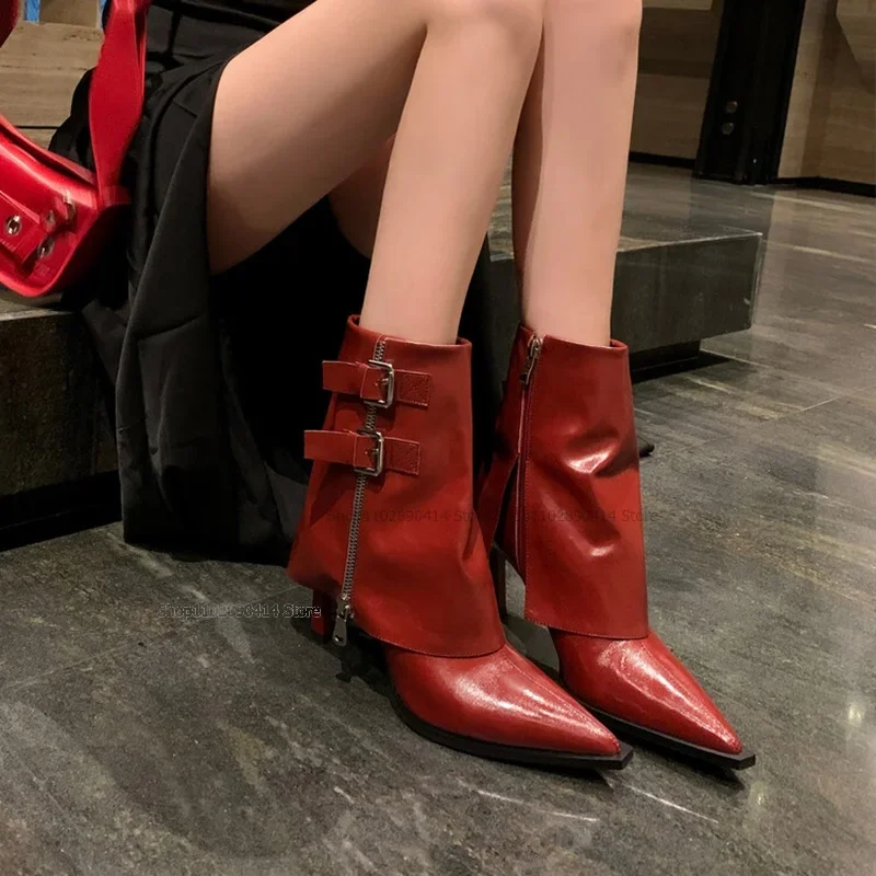 

Buckle Decor Red Turned Over Pointed Toe Boots Mid Calf Side Zipper Women Shoes Thin High Heels Fashion 2023 Zapatos Para Mujere