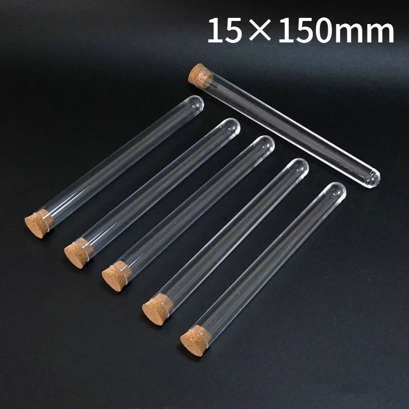 100pcs/lot Lab 15x150mm Clear Plastic Test Tube with Cork U-shape Bottom Tube with Wooden Stoppers