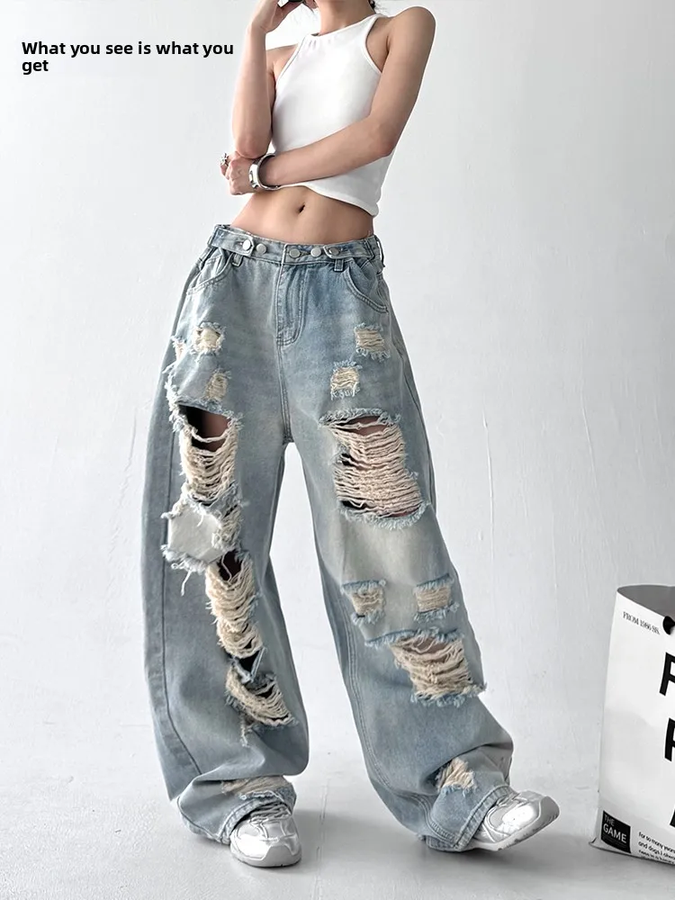 

Повседневные джинсовые джинсы с высокой талией, женские летние 2022, новые свободные утягивающие прямые широкие брюки, универсальные глубокие цвета C...