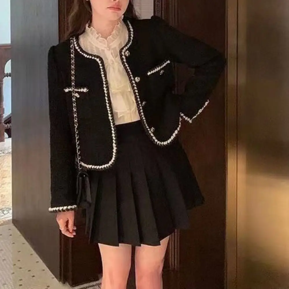 

Retro Y2k Elegant Jacket Women Tweed Chic Vintage Coats Korean Outerwear Socialite Style Jacket Streetwear