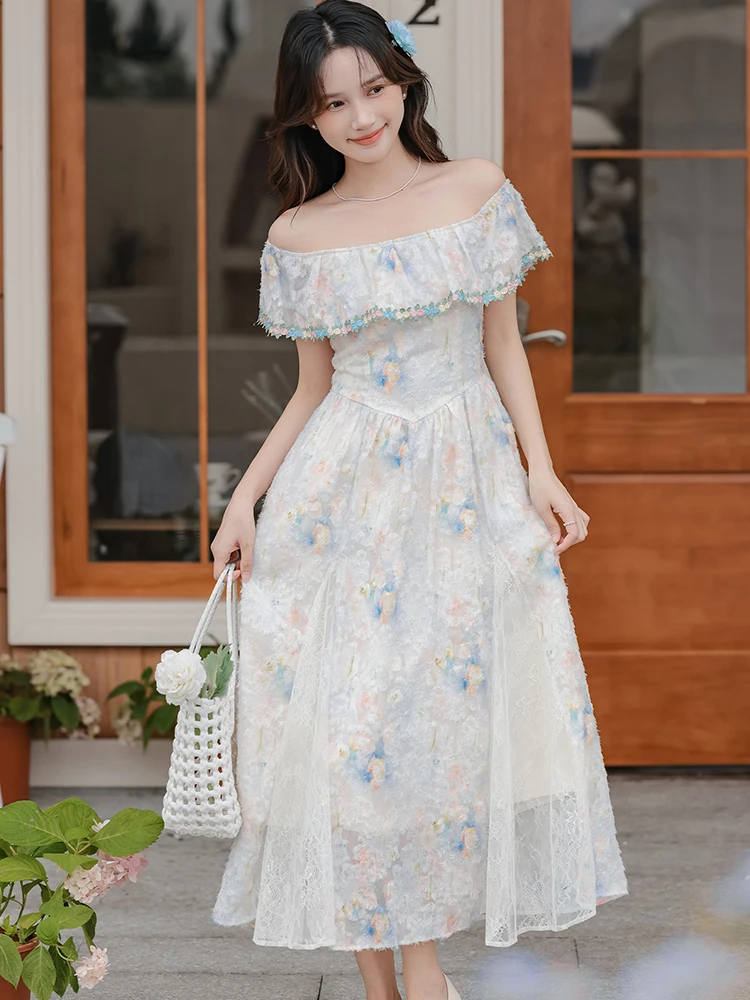 2025 Boho Floral Chic Ruffledหน้าอกห่อชุดฤดูร้อนElegant Bodycon A-Lineชุดยาวผู้หญิงใหม่เกาหลีแฟชั่นพรหมชุด
